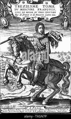 Louis XIII of France (1601-43). Reigned from 1610. Son of Henri IV and Marie de Medici, father of Louis XIV. Copperplate equestrian portrait published 1629 Stock Photo