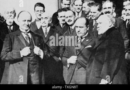 First meeting of the Allied Representatives at the Lausanne Conference, which met in November 1922, to make peace with Turkey.Left to right front row: Lord Curzon, Benito Mussolini and Raymond Poincare Stock Photo