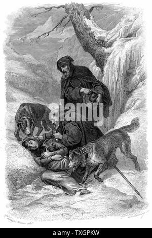 Augustinian canons and their St Bernard dogs from the hospice of Great St Bernard, Switzerland, rescuing a traveller collapsed in the snow. Founded by St Bernard of Menthon (923-1008). Copperplate engraving Stock Photo