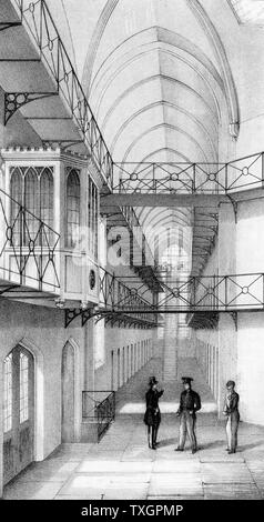 Reading Gaol, Berkshire, England. Opened 1844. Same plan as model prison at Pentonville, arranged in 4 wings joined by central Inspection Hall. Approx. 520 cells, each with hammock, stool, table, gas light, wash basin and WC. Oscar Wilde imprisoned here after his disgrace Lithograph Stock Photo