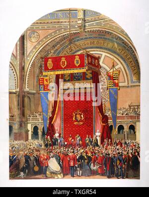 Opening of the International Exhibition of 1862 in the Crystal Palace by Queen Victoria's cousin, George, Duke of Cambridge 1862 London Chromolithograph Stock Photo