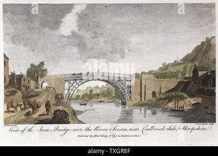 Abraham Darby III's iron bridge across the Severn at Ironbridge, Coalbrookdale, England. First iron bridge in world, built between 1776 and 1779. In front of left abutment are 4 'hobblers' pulling a boat Engraving Stock Photo