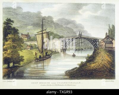 Abraham Darby III's iron bridge across the Severn at Ironbridge, Coalbrookdale, England. First iron bridge in world, built between 1776 and 1779. c. 1795 London Lithograph from Samuel Ireland 'Picturesque Views of the River Severn. Severn Trow sailing vessel on left. Stock Photo