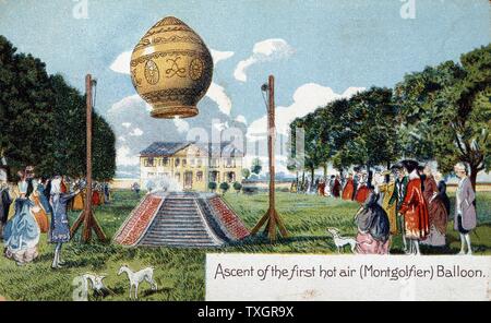 First ascent of Montgolfier hot air balloon, 21 November 1783 c.1910 From chromolithgotraph postcard Stock Photo