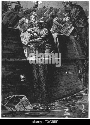 Boston Tea Party, 26 December 1773. Inhabitants of Boston, Massachusetts, dressed as American Indians,  throwing tea from vessels in the harbour into the water as a protest against British taxation. 'No taxation without representation' late nineteenth century Wood engraving Stock Photo