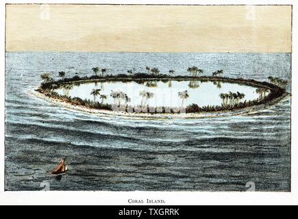 Coral reef surrounding a lagoon Slow accumulation of substance from generations of corals was a phenomenon which Darwin used to support they theory of a long geological timescale  1892 Chromolithograph from popular geology book Stock Photo