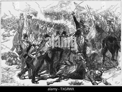 First Anglo-Afghan War (1838-1842): British troops from the besieged city of Jellalabad, under the leadership of Henry Havelock, attacking the camp of Akbar Khan, routing the Afghans and capturing supplies of every kind, 7 April 1842. Wood engraving c.1880 Stock Photo