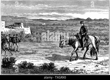 First Anglo-Afghan War (1838-1842): Dr Brydon,  only survivor of the 4,500 British soldiers and 12,000 camp-followers who left Cabul (Kabul) on 6 January 1842 to escape, arriving at Jaalabad with news of the disaster, 13 January  c.1890 Wood engraving Stock Photo