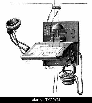 Telephone apparatus available to New York subscribers. This used an Edison transmitter and a 'pony crown' receiver (lower right of picture) c.1891 Wood engraving Stock Photo