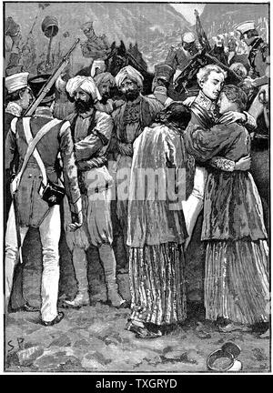 First Anglo-Afghan War 1838-1842: Rescue of British prisoners from the Afghans after the defeat of Akbar Khan, April 1842. General Robert Sale united with his wife and daughter.  c.1885 Wood engraving Stock Photo