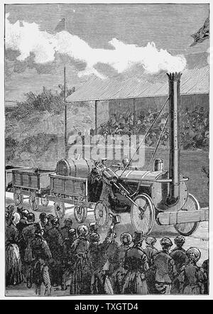 George Stephenson's locomotive 'Rocket' winning the competition at Rainhill Bridge, near Manchester, England, for the engine to be used on the Liverpool and Manchester Railway: 14 October 1829. Flanged wheels  1898 Wood engraving Stock Photo