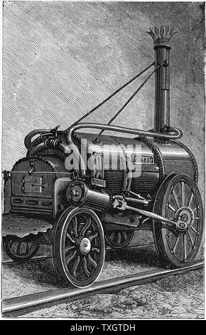 George Stephenson's locomotive 'Rocket'.  On 11 October 1829  'Rocket' won the Rainhill Trials for the engine to be used on the Liverpool to Manchester Railway, England 1892 Wood engraving Stock Photo