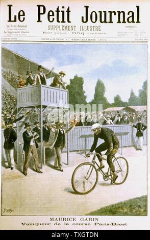 Maurice Garin (1871-1957) winning the 1901 Paris-Brest cycle race organised by 'Le Petit Journal' and 'Auto-Velo'. Garin, a French road bicycle racer, won the Tour de France in 1903, the first year it was run. From 'Le Petit Journal' (Paris, 1 September 1901). Stock Photo