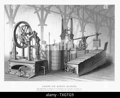 Refrigeration using Ether: Siebe & Harrison's ice making machine, using compression of air followed by its sudden expansion to freeze water. Shown at International Exhibition, London, 1862. Copperplate engraving Stock Photo