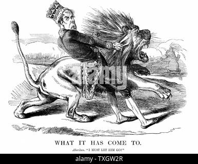 George Hamilton Gordon, 4th Earl of Aberdeen (1784-1860). Scottish statesman: British Prime Minister 1852-55. Reluctantly took Britain into Crimean War. 'Punch' cartoon of February 1854 showing him unable to restrain the British lion from chasing after the Russian bear Wood engraving Stock Photo