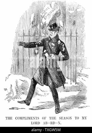 George Hamilton Gordon, 4th Earl of Aberdeen, Scottish statesman, British Prime Minister 1852-55. Cartoon from 'Punch' showing him by battered public opinion in the form of a huge snowball 14 January 1854   Wood engraving London Stock Photo