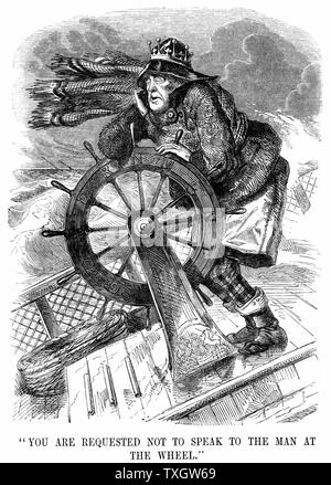 George Hamilton Gordon, 4th Earl of Aberdeen (1784-1860). Scottish statesman: British Prime Minister 1852-55. Reluctantly took Britain into Crimean War (1853-56). Cartoon from 'Punch' London 26 August 1854 showing him as incompetent helmsman unable to handle the wheel of government in the storm Wood engraving Stock Photo