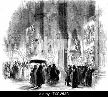 Joseph Addison (1672-1719) English essayist, poet, playwright and politician. Friend of Richard Steele and Jonathan Swift Addison's torchlight funeral in Westminster Abbey  c1850 Engraving Stock Photo