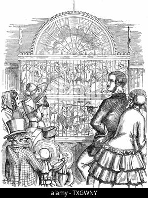 Albert, Prince Consort of Queen Victoria, showing off the Crystal Palace and the Great Exhibition in Hyde Park, London.  1851 John Tenniel cartoon from 'Punch' Wood engraving London Stock Photo