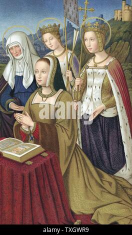 Anne of Brittany (1476-1514), Duchess of Brittany 1488. Married Charles VIII of France 1491, then Louis XII 1499. Coloured lithograph of miniature from 'Heures d'Anne de Bretagne' showing her at prayer supported (l. to r.) by her patron Saint Anne mother of the Virgin, Saint Ursula with banner, and Saint Helen Stock Photo