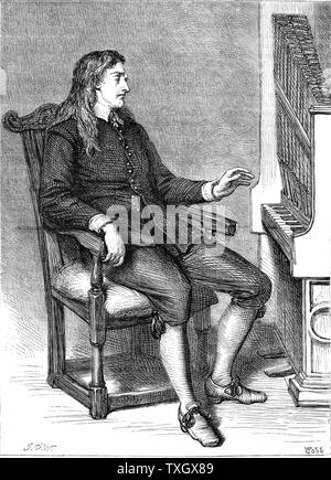 John Milton (1608-74) English poet, imagined here in later life when blind seated by a small chamber organ 1870  Wood engraving Stock Photo