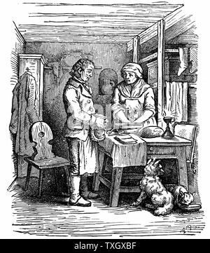 Richard Arkwright (1732-1792) British industrialist and inventor hearing from a neighbour about clockmaker named Kay living at Warrington. Arkwright and Kay produced model of a spinning machine which was shown at Preston in 1768 1822 Woodcut Stock Photo