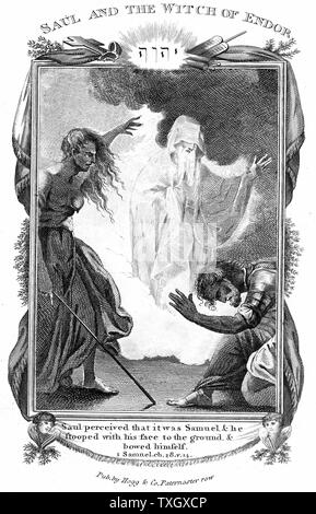 Saul and the Witch of Endor' 'Bible' I Samuel 28. Saul tries to communicate with the dead Samuel through the Witch of Endor. She brings Samuel 'out of the earth' (Necromancy) when Saul has promised to take no action against her as a witch 1804 Copperplate engraving Stock Photo