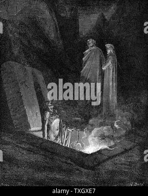 Dante Alighieri (1265-1321) Italian poet: 'Inferno'  first part of his ' Divina Commedia' (Divine Comedy) illustrated by Gustave Doré 1863. Canto X: Dante, keeping close to his guide Virgil, looks on one of the sinners burning in hell in their open tombs. Wood engraving Stock Photo