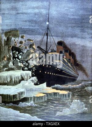 SS Titanic colliding with an iceberg 14 April 1912 28 April 1912 From 'Le Petit Journal' Paris Operated by the White Star Line, SS Titanic struck an iceberg in thick fog off Newfoundland. She was the largest and most luxurious ocean liner of her time, and thought to be unsinkable.  In the collision five of her watertight compartments were compromised and she sank. Out of the 2228 people on board, only 705 survived.  A major cause of the loss of life was the insufficient number of lifeboats she carried. Stock Photo