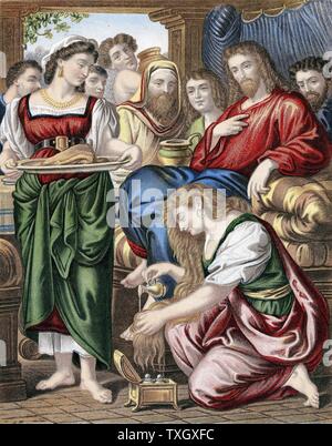Mary Magdalene annointing the feet of Jesus The 'Bible' John 12 Chromolithograph c.1860 Stock Photo