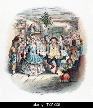 Mr Fezziwig's Ball, illustration by John Leech for  'A Christmas Carol' by Charles Dickens. This novella was the earliest and most popular of Dickens' Christmas stories. Scene from the end of the book shows jollity and bonhomie, with fiddler (violinist) playing for dancers. Kissing under mistletoe, left,  and evergreen decoration hanging from ceiling are vestiges of pre-Christian winter rites 1843 London Stock Photo