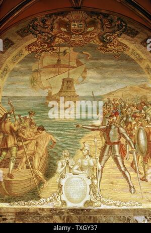Francisco Pizarro (c1478-1541) Spanish conquistador. Pizarro and his soldiers on the island of Gallo. Mosaic from Pizarro's tomb in Lima Cathedral Stock Photo