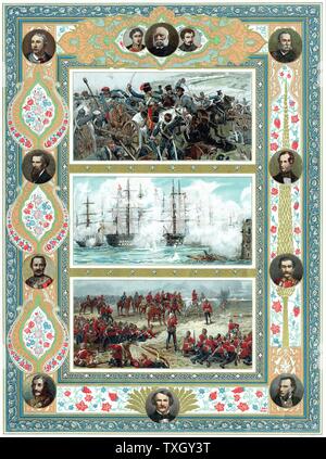 Crimean War:  Top: Battle of Inkerman on November 5, 1854 Middle: Bombardment of Sebastopol in 1854-1855 Bottom: Battle of Tel-el-Kebiron September 13, 1882 Oleograph Stock Photo