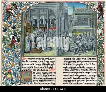 Henry IV (1367-1413) First Lancastrian king of England from 1399; son of John of Gaunt, known as Henry Bolingbroke from birthplace in Lincolnshire. Coronation at Westminster. Men play musical instruments in borders illuminated with foliage, flowers and birds After 15th century manuscript of Froissart