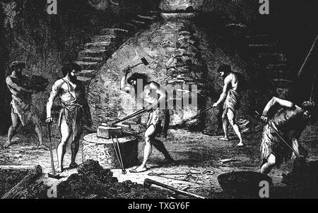 Artist's reconstruction of a late Iron Age forge.  In centre smith is hammering iron. In background another is working at the furnace 1890 Wood engraving London Stock Photo