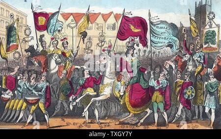 Charles II (1630-85) king of Great Britain and Ireland from 1660, Charles entering London 29 May 1660 after the restoration of the monarchy Popular hand-coloured print Stock Photo