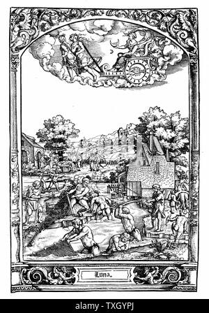 Luna: from series of prints executed 1531 by Hans Sebold Beham (1500-50). Female planet, moist and cold. Those born under Moon loved geometry and related arts, had phlegmatic temperament. Metal silver, Spring its season and water among its elements. Friendly to Jupiter, hostile to Mars, Friday its day and night. It had only one house, Mercury. Stock Photo