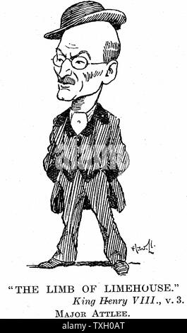 Clement Attlee (1883-1967) British Labour statesman; Deputy prime minister in wartime cabinet under Churchill (1942-1945); prime minister 1945-1951. Member of Parliament for Limehouse. Cartoon from 'Punch', London, 1932. Engraving Stock Photo