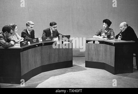 Clement Attlee (1883-1967) British Labour statesman; Deputy prime minister in wartime cabinet under Churchill (1842-1945); prime minister 1945-1951. Atlee after retiring in 1955 answering questions from young people on a radio programme 'We Want Answers' Stock Photo