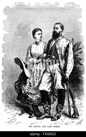 Samuel White Baker (1821-93) English explorer and anti-slavery campaigner, with his Hungarian-born wife Florence who accompanied him on his African travels. Wood engraving from 'The Science Record' New York 1874 Stock Photo