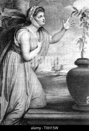 Emma, Lady Hamilton (c1765-1851) wife of Sir William Hamilton, mistress of Horatio Nelson. Here as 'Sensibility' (sensitive plant growing in urn), one of the 'Attitudes' she performed as tableaux. Stipple engraving after Romney Stock Photo