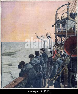 The loss of SS Titanic, 14 April 1912: Prayers at the scene of the disaster. The White Star Line chartered the cable-laying vessel Mackay-Brown to recover bodies and debris from the wreck of SS Titanic.  The vessel carried morticians and mortuary equipment and the remains recovered were landed at New York.  Here the crew stand solemnly as prayers are said for those lost.  SS Titanic struck an iceberg in thick fog off Newfoundland. Stock Photo