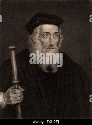 John Wycliffe (c1329-1384) English religious reformer.  Leader of the Lollards (Mumblers).  Questioned the doctrine of transubstantiation. Organised the  translation of Bible into English.  Precursor of Protestant Reformation.  Engraving. Stock Photo