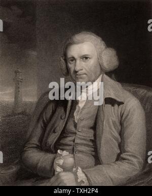 John Smeaton (1724-1792) English civil engineer born at Austhorpe near Leeds, Yorkshire.  In the background of the portrait is the third lighthouse on the Eddystone Rock in the English Channel off  Plymouth, Devon, which he constructed between 1757 and 1759. He also carried out researches into the mechanics of windmills and waterwheels, and made improvements to the Newcomen steam engine. From 'The Gallery of Portraits', Vol II, by Charles Knight (London, 1833). Stipple engraving. Stock Photo