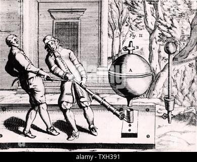 Von Guericke's second air pump (1656?), shown here being used to exhaust two Magdeburg hemispheres.  From 'Experimenta Nova' by Otto von Guericke (Amsterdam, 1672). Stock Photo