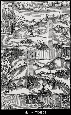 Cross-section of a mine, showing shaft and galleries at two different levels.  In the top left of the picture is prospecting for metals using divining rods (dowsing). From 'De re metallica', by Agricola, pseudonym of Georg Bauer (Basle, 1556).  Woodcut. Stock Photo