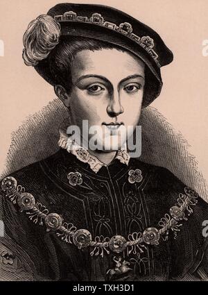 Edward VI (1537-1553) king of England and Ireland from 1547. Son of Henry VIII and his third wife, Jane Seymour.  Always a sickly child, he died of natural causes.  A member of the Tudor dynasty.   Wood engraving c1900. Stock Photo