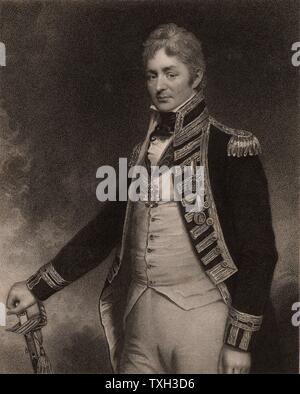 Thomas Troubridge (c1758-1807) British naval officer who rose to the rank of Rear-Admiral. Entered the Royal Navy in 1773, served in the East Indies, at the Battle of Cape St Vincent, and Aboukir Bay.  In 1807 his ship foundered of Madagascar and he and his whole crew were lost.  From 'National Portrait Gallery' by James Jerdan (London, 1830). Stock Photo