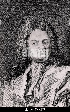 Christian Wolff or Wolf or Wolfius (1679-1754) German philosopher born in Breslau.  Professor mathematics and natural philosophy at Halle University (1706-1723 and from 1740). Professor at Marburg University (1723-1740). Engraving from 'Histoire des Philosophes Modernes' by Alexandre Saverien (Paris, 1762). Stock Photo