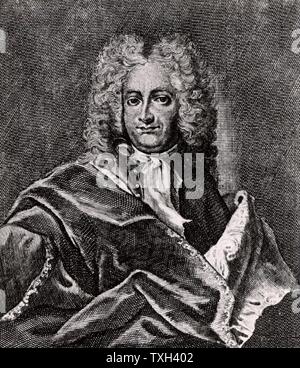Christian Wolff or Wolf or Wolfius (1679-1754) German philosopher born in Breslau.  Professor mathematics and natural philosophy at Halle University (1706-1723 and from 1740). Professor at Marburg University (1723-1740). Engraving from 'Icones Virorum' by Friedrich Roth-Scholtz (Nuremberg, 1725). Stock Photo
